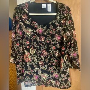 Emma James Liz Claiborne EUC 21” Sz 2 Floral Black Background Sheer Sleeve